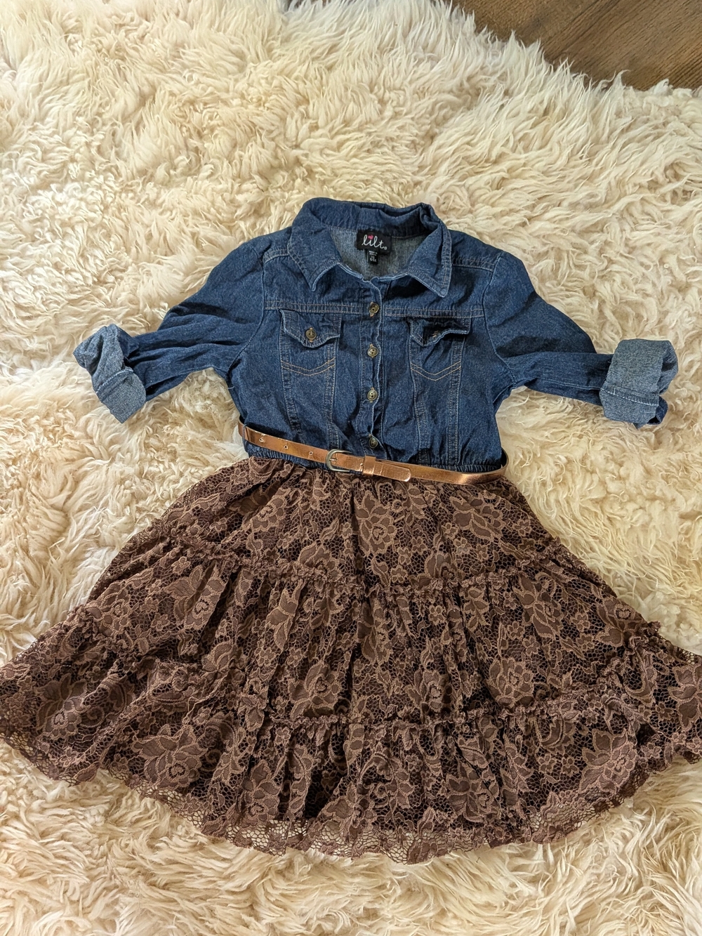 lilt Denim Shirt with Brown Lace Tiered Skirt